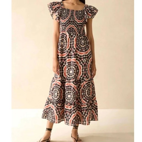 Marie Oliver Dresses & Skirts - Marie Oliver Coral and Black Printed Flutter-Sleeve Maxi Crystelle Dress